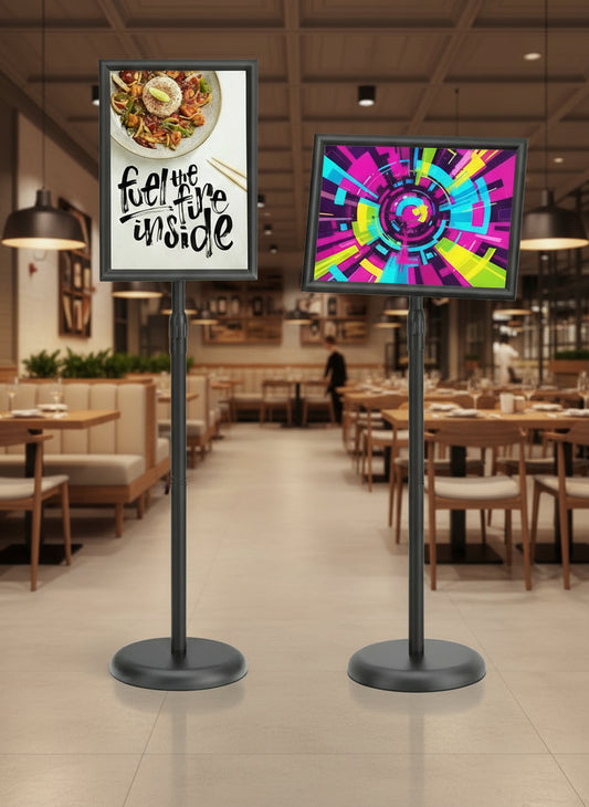Set of 2. Adjustable Floor Standing Sign Holder Heavy Duty Poster Stand Round Base