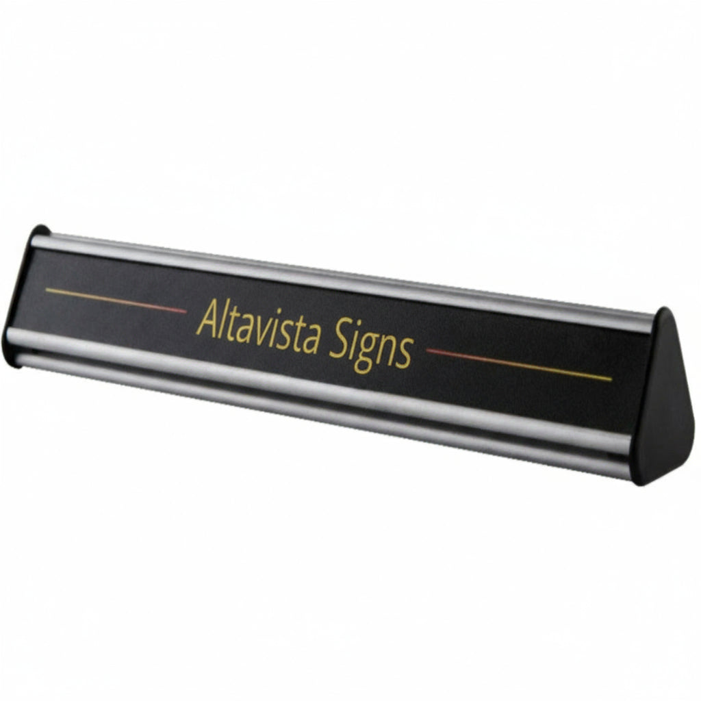 Three-Sided Office Desk Name Plate Stand in Brushed Silver Finish