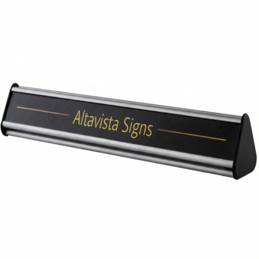 Three-Sided Office Desk Name Plate Stand in Brushed Silver Finish