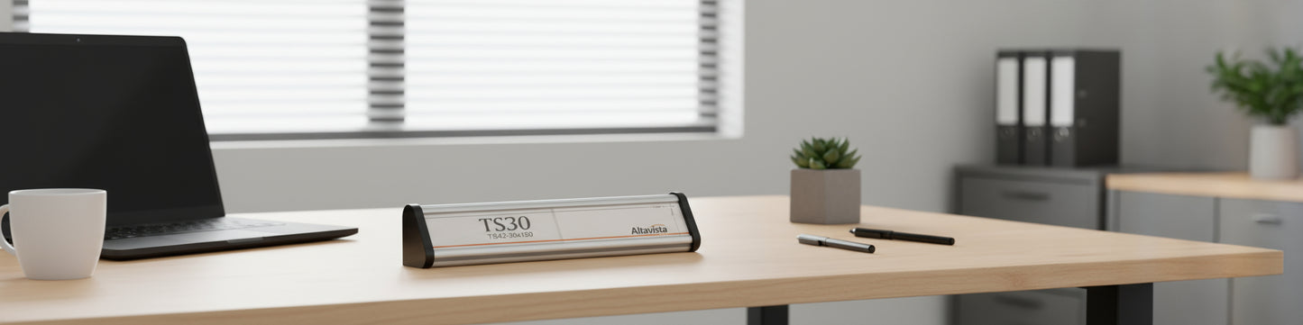 Three-Sided Office Desk Name Plate Stand in Brushed Silver Finish