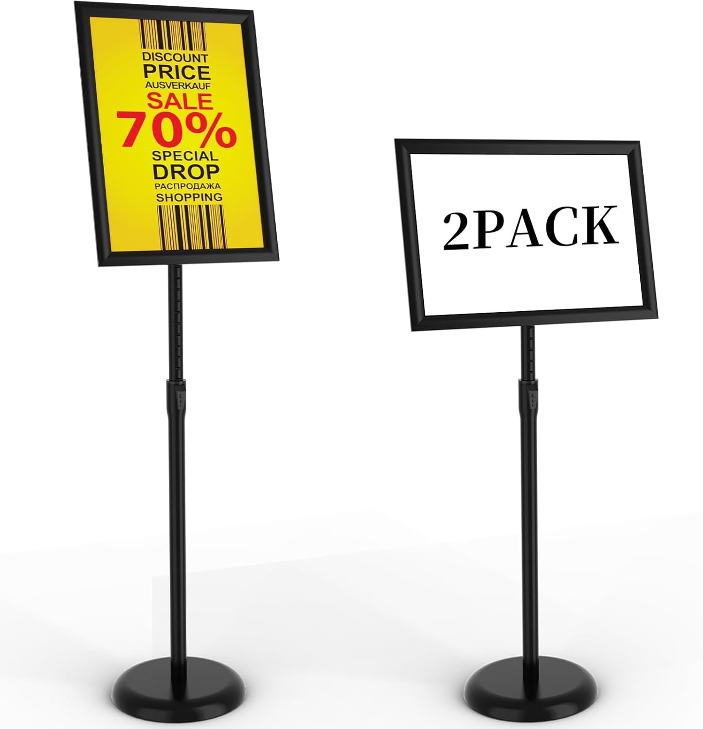 Set of 2. Adjustable Floor Standing Sign Holder Heavy Duty Poster Stand Round Base