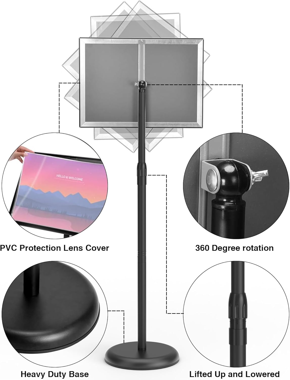 Set of 2. Adjustable Floor Standing Sign Holder Heavy Duty Poster Stand Round Base