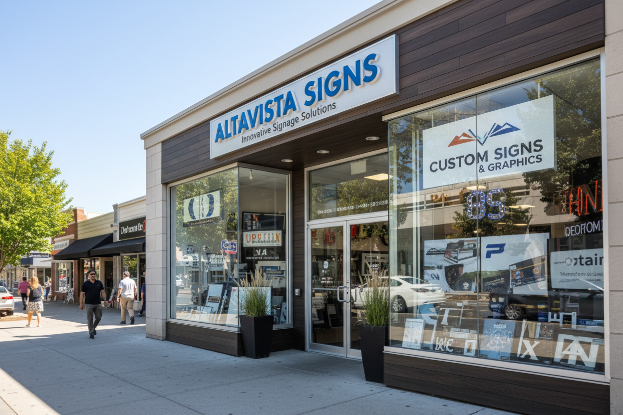 Storefront of Altavista Signs with clear glass windows displaying signs and graphics.