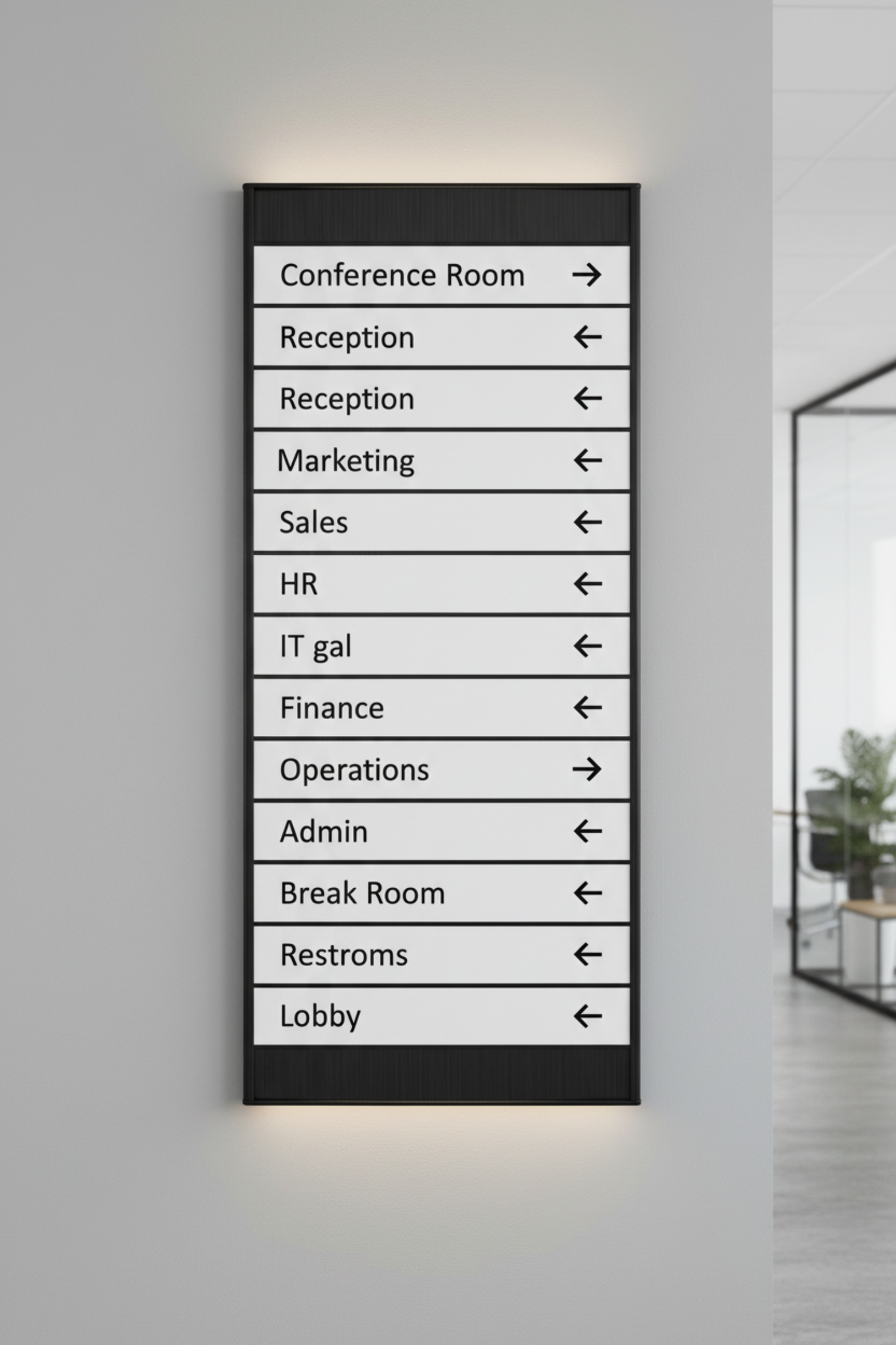 Directional sign on a wall indicating various office areas.