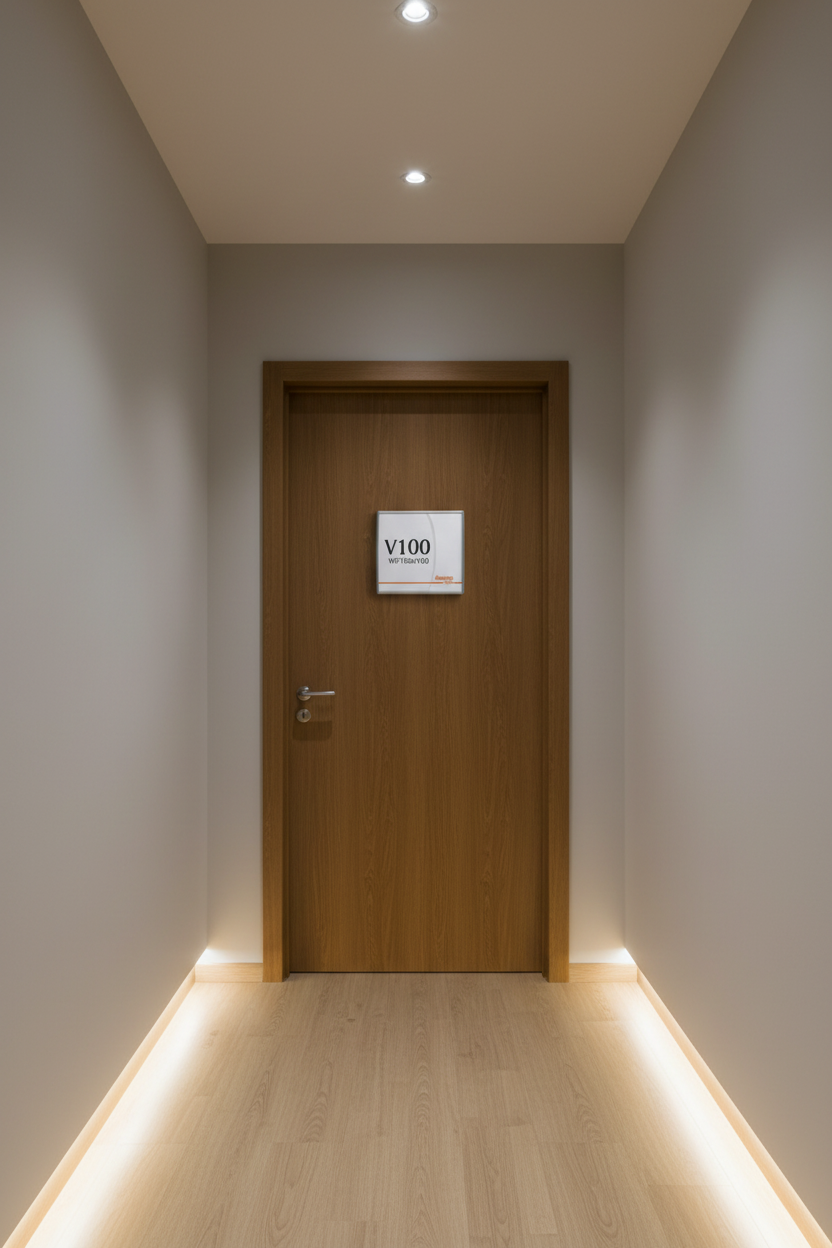 A modern hallway with light wood flooring, neutral gray walls, and a wooden door at the end of the corridor featuring a white sign that reads 'V100'.