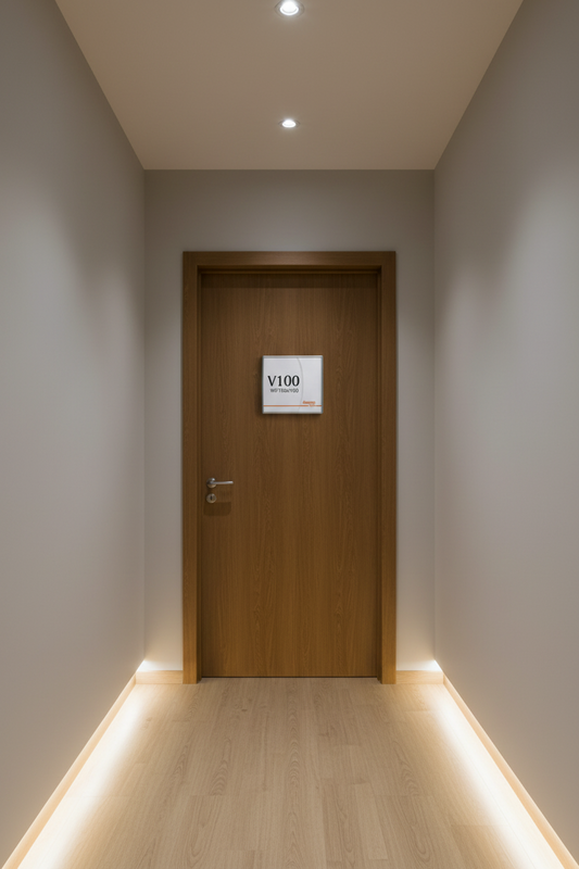 A modern hallway with light wood flooring, neutral gray walls, and a wooden door at the end of the corridor featuring a white sign that reads 'V100'.